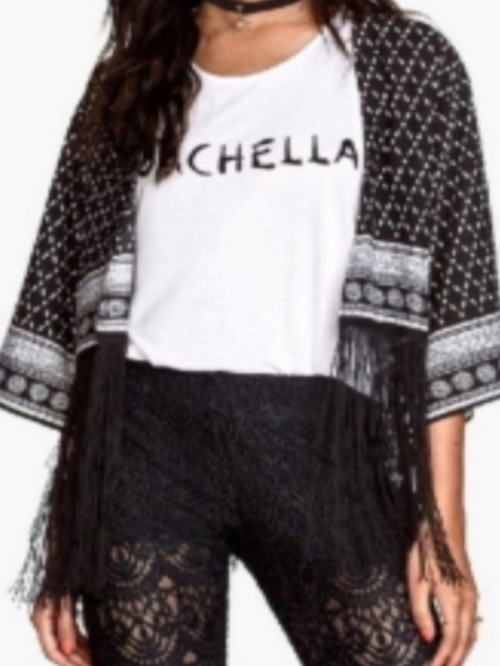 H&M Coachella Black White Boho Fringe Festival Open Cardigan Kimono Top Size S